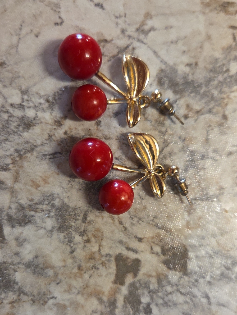 Gold Cherry Dangle Earrings. Pinup Style.